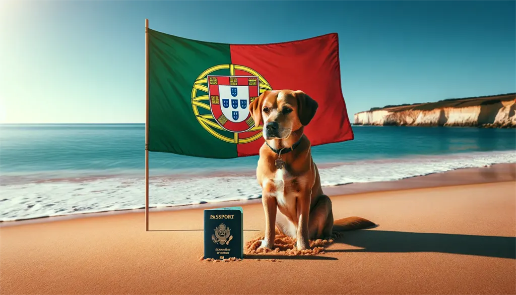 Can I bring my dog to Portugal – a dog sitting in front of the Portuguese flag at the beach